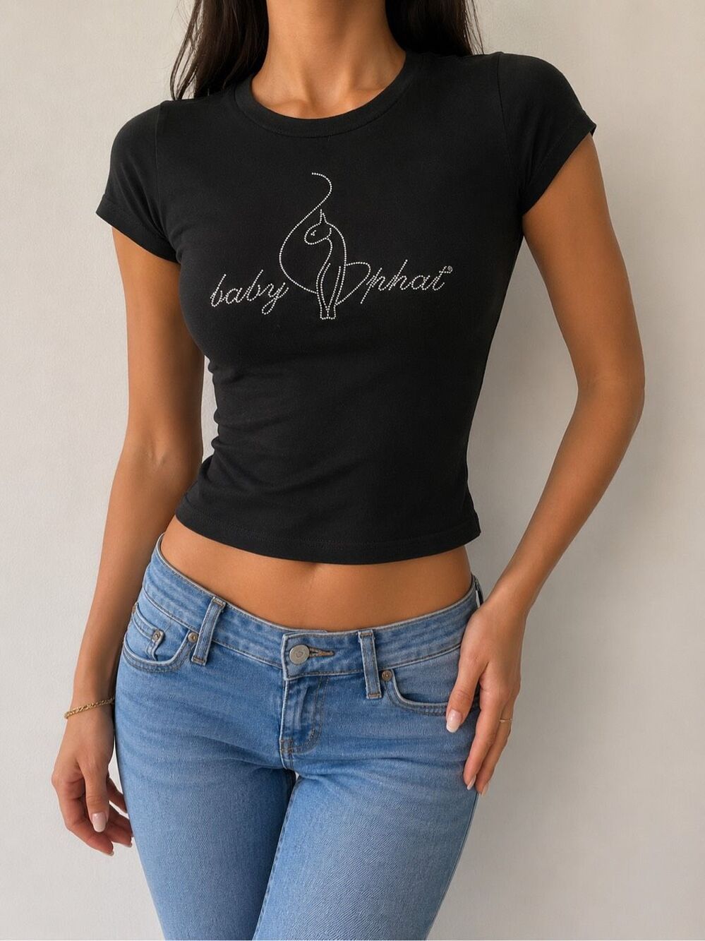 Baby Phat Black Rhinestone Logo Baby Tee Size L Y2K Fitted Cat Graphic
